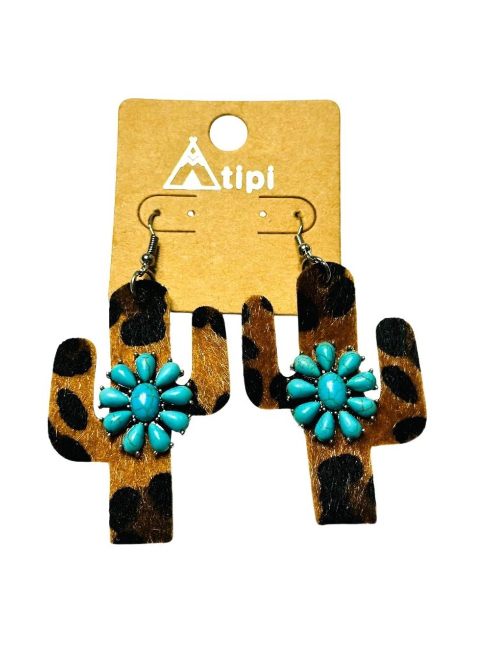 Cactus Leopard Print Faux Leather Earrings Turquoise Western Tipi